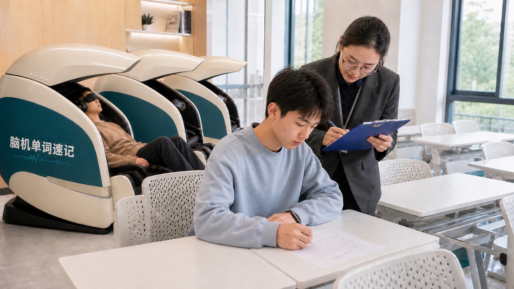 学生完成纸笔独立复现,教练在旁记录,背景为新一代脑机单词速记学习舱