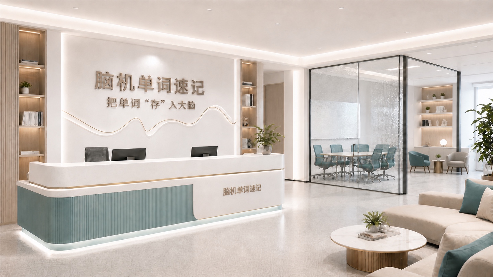 带脑机单词速记标识的未来学习中心品牌接待区